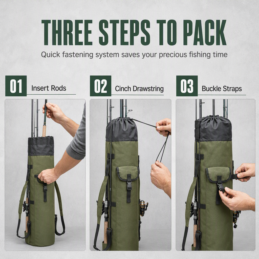 📢📢50% OFF !! ⏰Folding Cylindrical Fishing Rod Bag Drawstring Fishing Tackle Storage Carrier for Reservoir and Lure Fishing