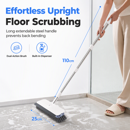 Long Handle Floor Scrub Brush with Stiff Bristles and Squeegee 2-in-1 Household Bathroom Cleaning Tool with Built-in Soap Dispenser and Detachable Head