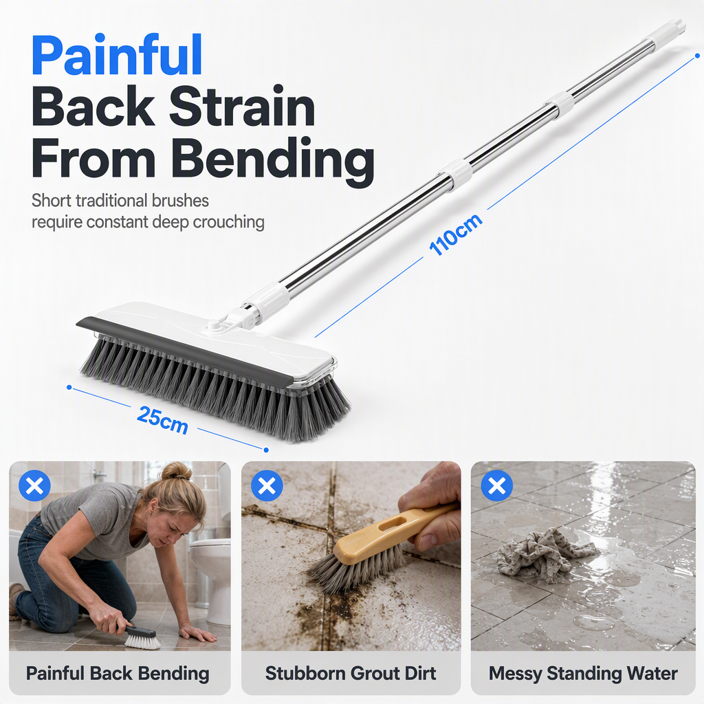 Long Handle Floor Scrub Brush with Stiff Bristles and Squeegee 2-in-1 Household Bathroom Cleaning Tool with Built-in Soap Dispenser and Detachable Head