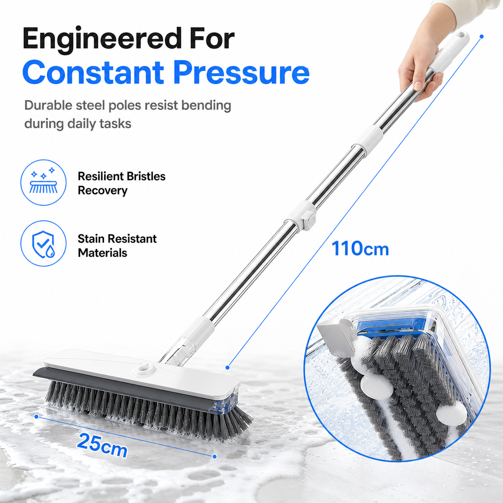 Long Handle Floor Scrub Brush with Stiff Bristles and Squeegee 2-in-1 Household Bathroom Cleaning Tool with Built-in Soap Dispenser and Detachable Head