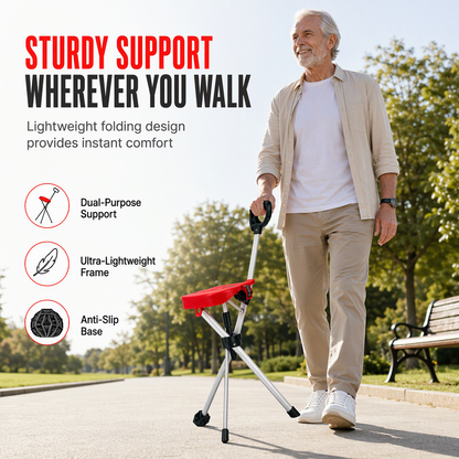 Portable Folding Cane Chair with Seat Non Slip Walking Stick Stool for Seniors Outdoor Hiking