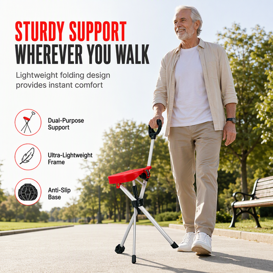 Portable Folding Cane Chair with Seat Non Slip Walking Stick Stool for Seniors Outdoor Hiking