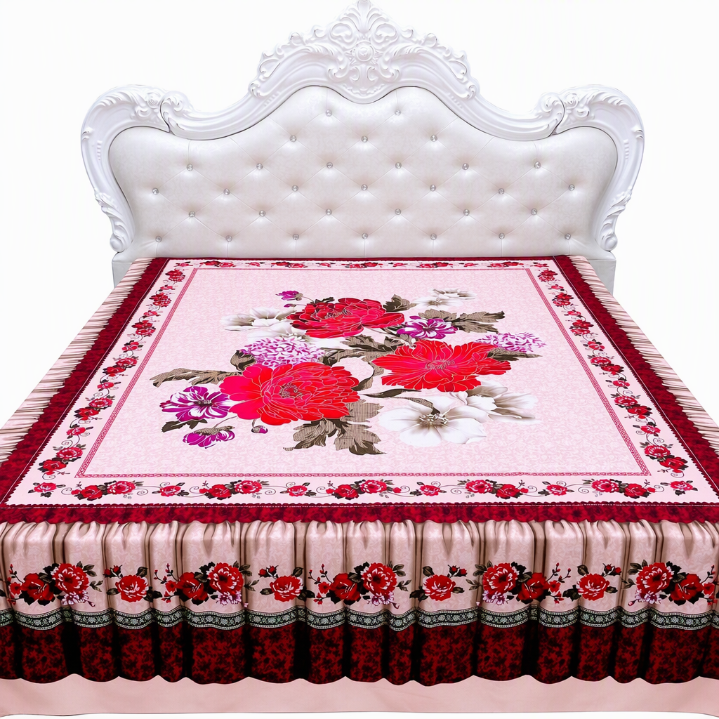 Thickened All Season Double Bed Flat Sheet Traditional Chinese Floral Print 2.3m x 2.3m