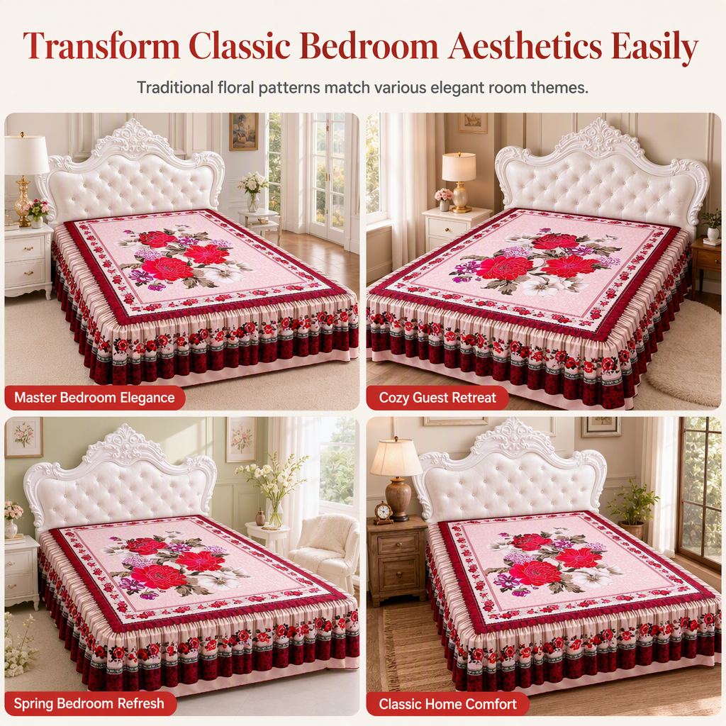 Thickened All Season Double Bed Flat Sheet Traditional Chinese Floral Print 2.3m x 2.3m