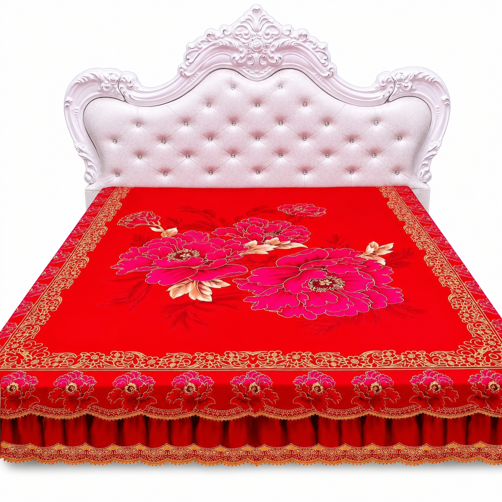 Thickened All Season Double Bed Flat Sheet Traditional Chinese Floral Print 2.3m x 2.3m