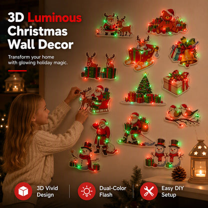 Christmas Glowing Wall Sticker Night Lights with Light Bases Featuring Santa Claus Snowman Reindeer and Christmas Tree for Holiday Decor