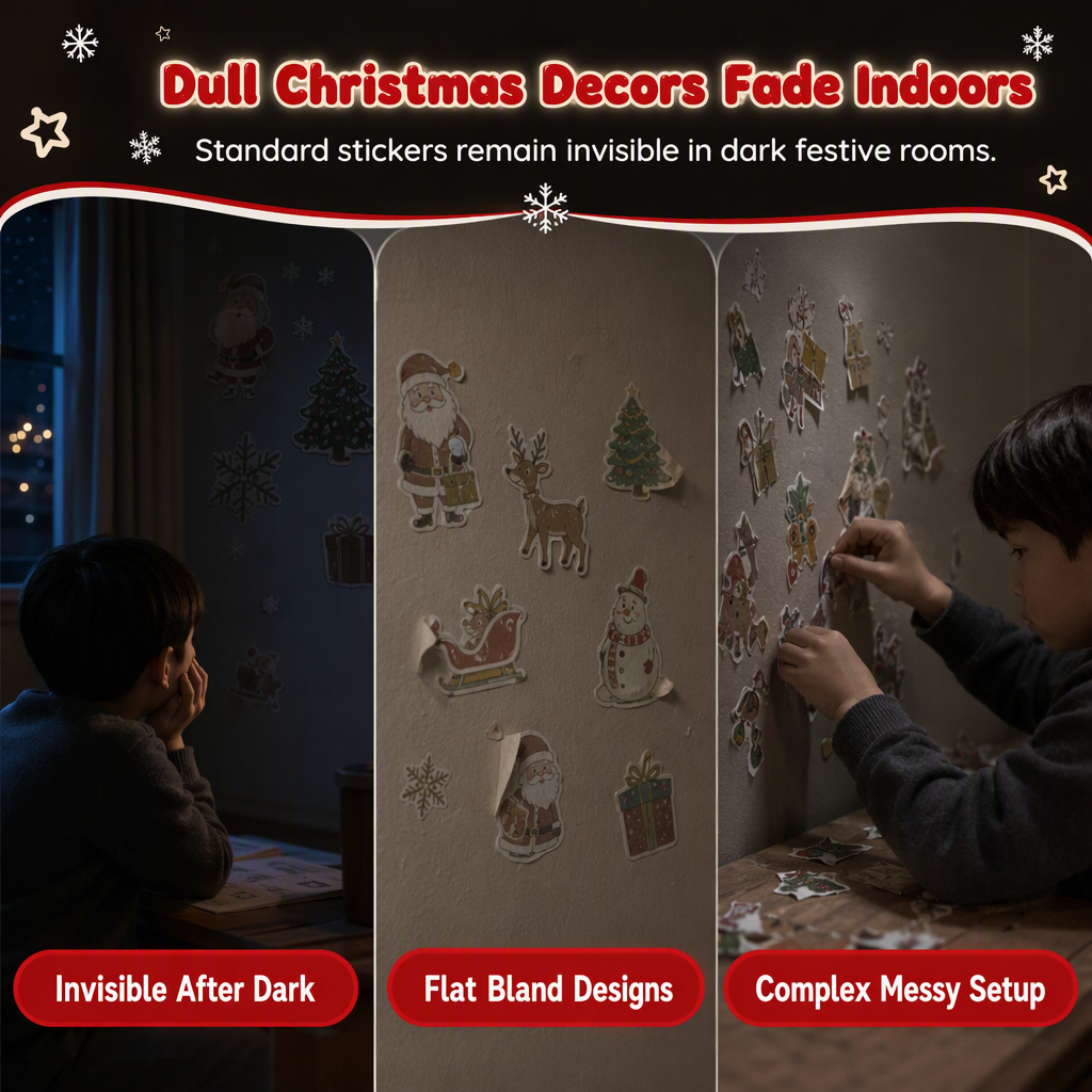 Christmas Glowing Wall Sticker Night Lights with Light Bases Featuring Santa Claus Snowman Reindeer and Christmas Tree for Holiday Decor