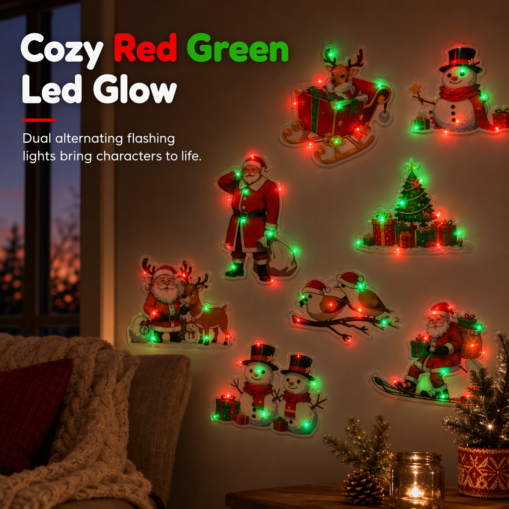 Christmas Glowing Wall Sticker Night Lights with Light Bases Featuring Santa Claus Snowman Reindeer and Christmas Tree for Holiday Decor