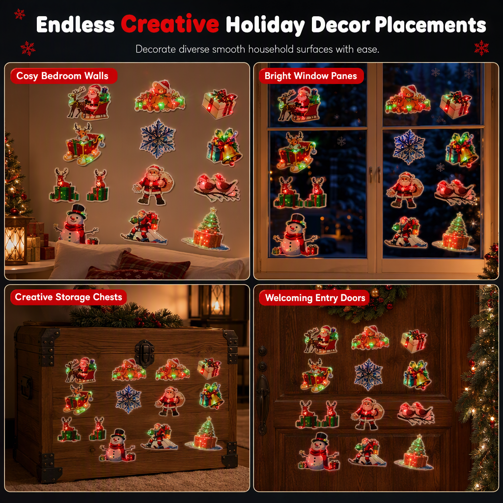 Christmas Glowing Wall Sticker Night Lights with Light Bases Featuring Santa Claus Snowman Reindeer and Christmas Tree for Holiday Decor