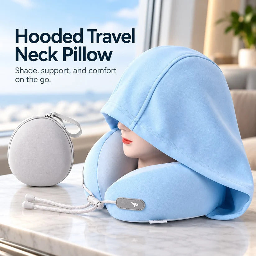 📢 50% OFF! Hooded Travel Neck Pillow – Shaded Rest & Adjustable Neck Support for Flights ✈️✨