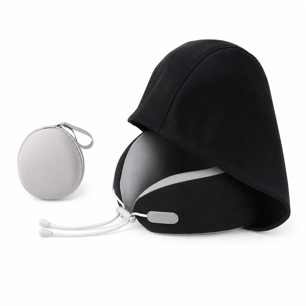 📢 50% OFF! Hooded Travel Neck Pillow – Shaded Rest & Adjustable Neck Support for Flights ✈️✨