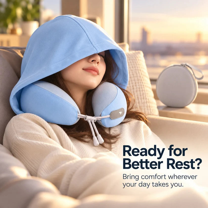 📢 50% OFF! Hooded Travel Neck Pillow – Shaded Rest & Adjustable Neck Support for Flights ✈️✨