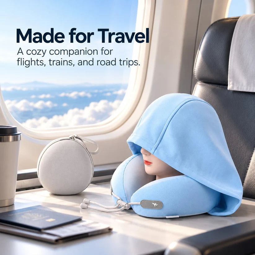 📢 50% OFF! Hooded Travel Neck Pillow – Shaded Rest & Adjustable Neck Support for Flights ✈️✨