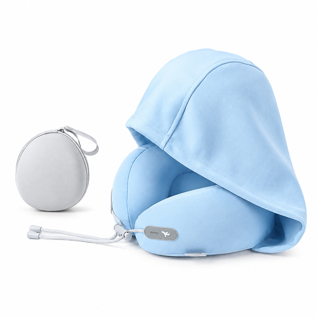 📢 50% OFF! Hooded Travel Neck Pillow – Shaded Rest & Adjustable Neck Support for Flights ✈️✨