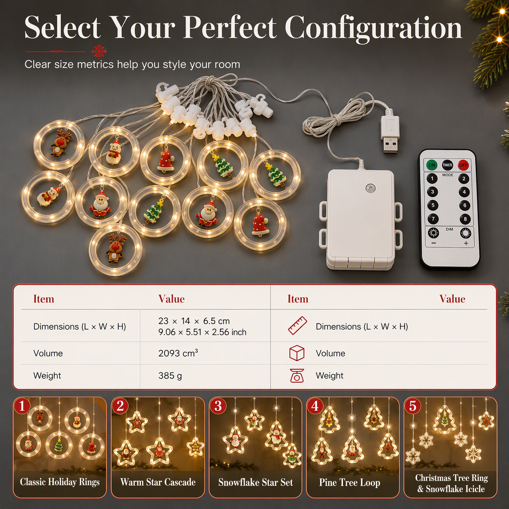 LED Christmas Icicle String Lights USB Powered Star and Christmas Tree Ring Hanging Lights for Holiday Window Decoration