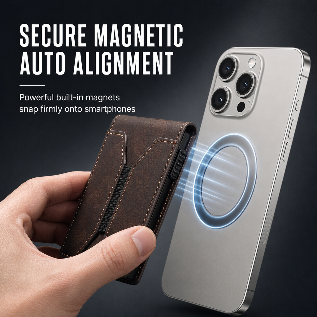Smooth Leather Magnetic Phone Stand and Card Holder Wallet with Automatic Up Button and Elastic Band