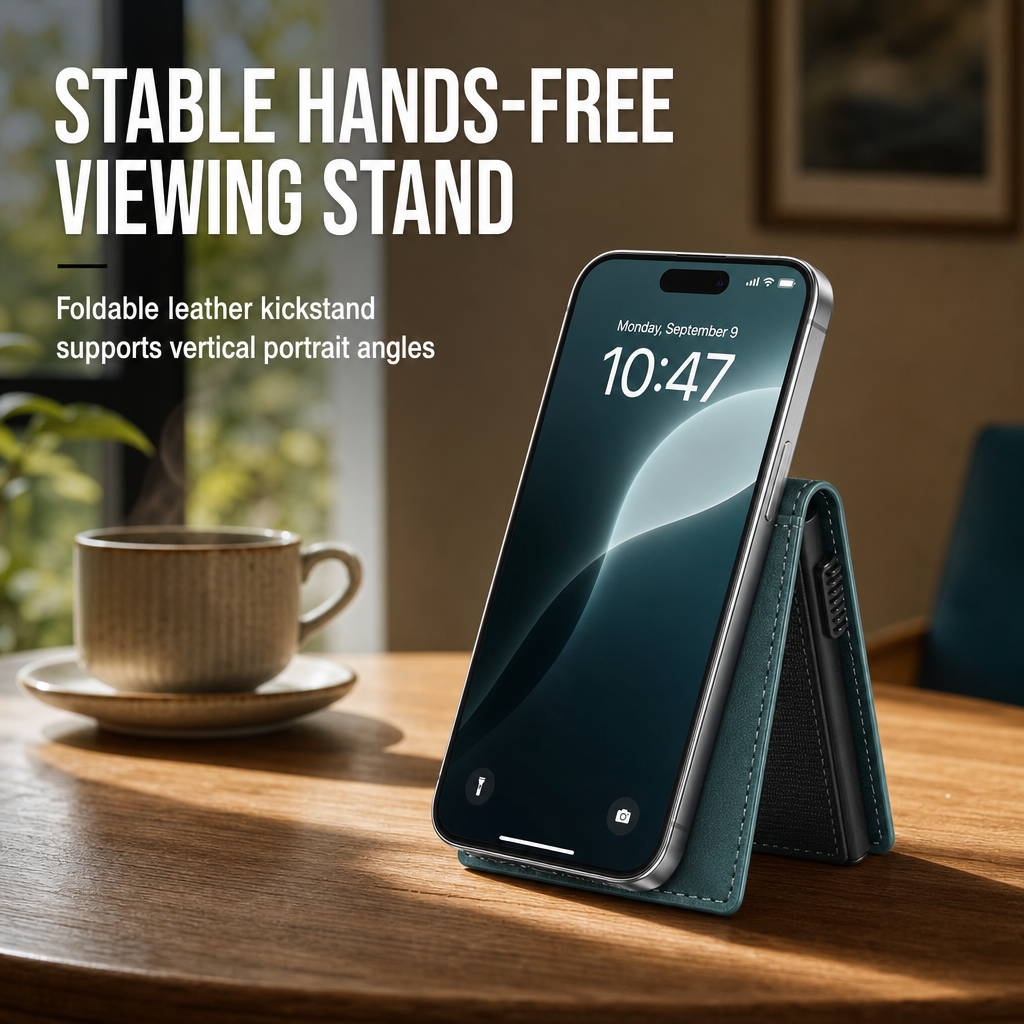 Smooth Leather Magnetic Phone Stand and Card Holder Wallet with Automatic Up Button and Elastic Band