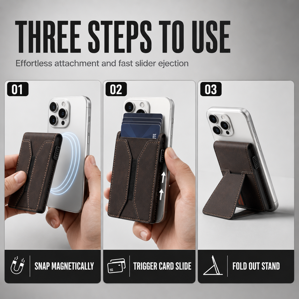 Smooth Leather Magnetic Phone Stand and Card Holder Wallet with Automatic Up Button and Elastic Band