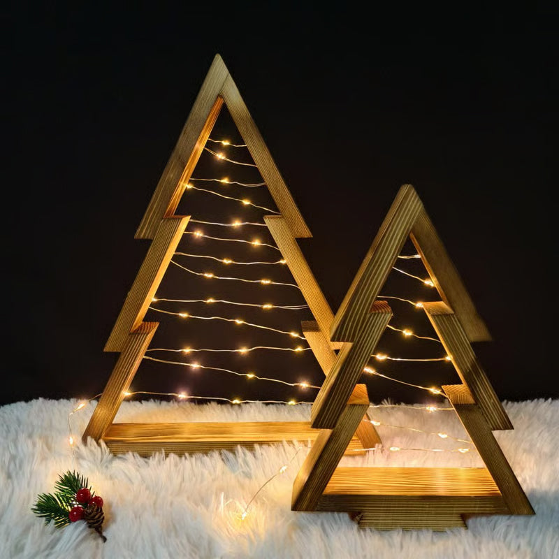 2PCS Tabletop Wooden Christmas Tree with LED Light