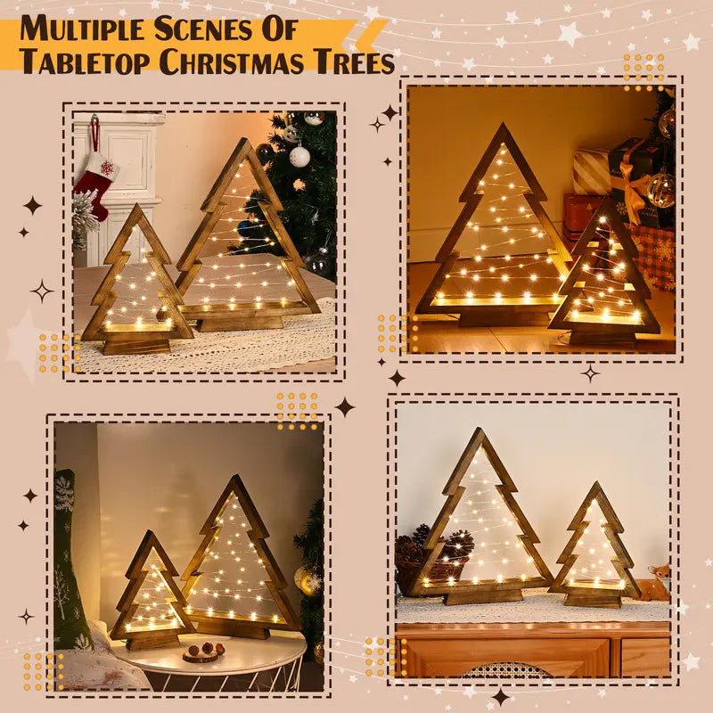 2PCS Tabletop Wooden Christmas Tree with LED Light
