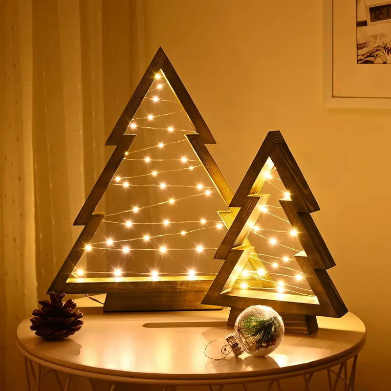 2PCS Tabletop Wooden Christmas Tree with LED Light