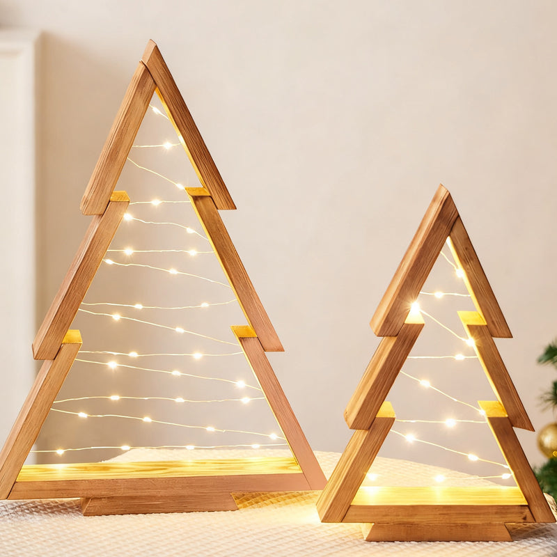 2PCS Tabletop Wooden Christmas Tree with LED Light