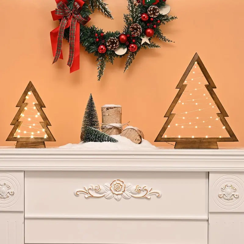 2PCS Tabletop Wooden Christmas Tree with LED Light