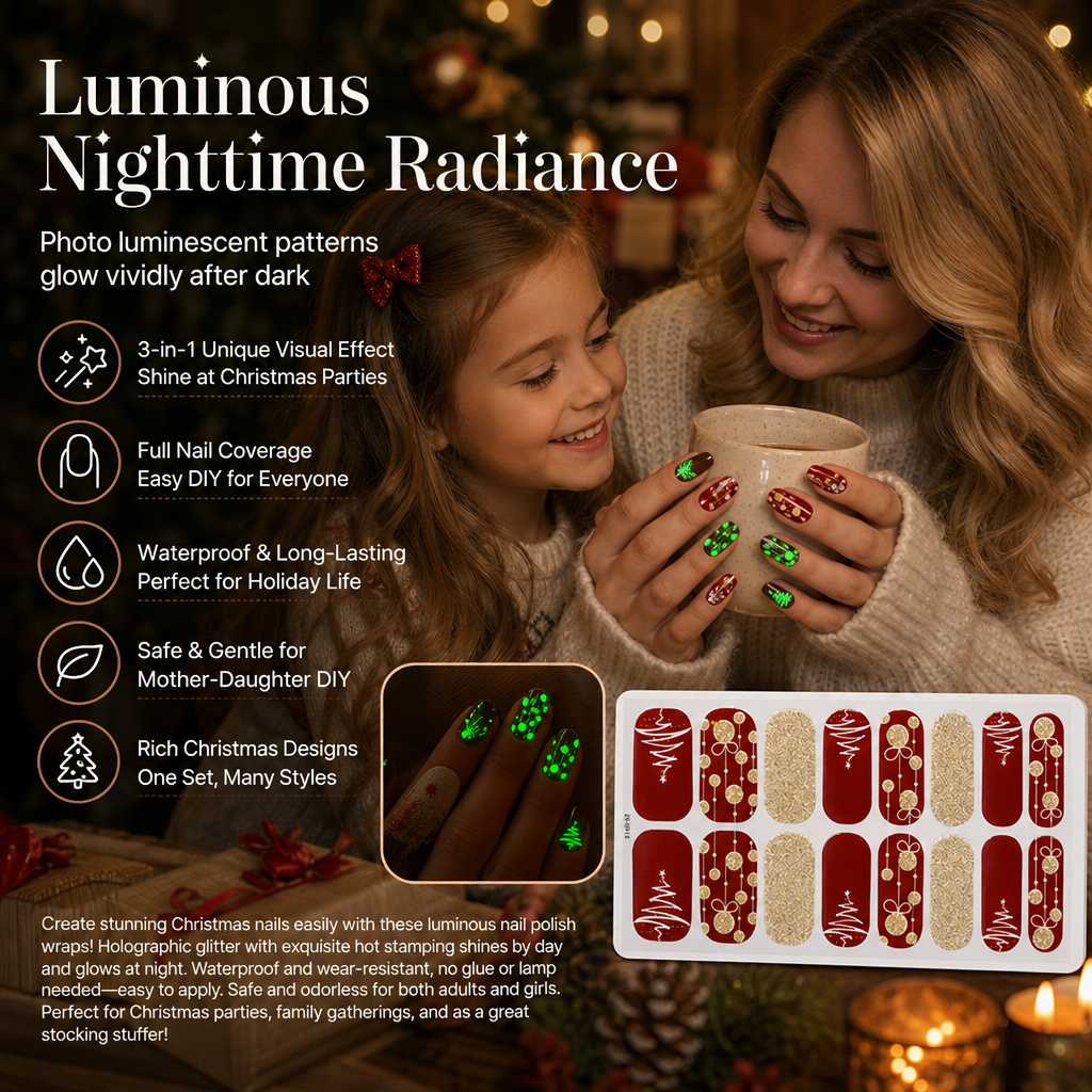🎄 50% OFF! ✨ Christmas Glitter Nail Wraps – Waterproof, luminous & nail file included ✨