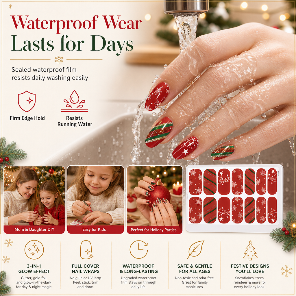 🎄 50% OFF! ✨ Christmas Glitter Nail Wraps – Waterproof, luminous & nail file included ✨