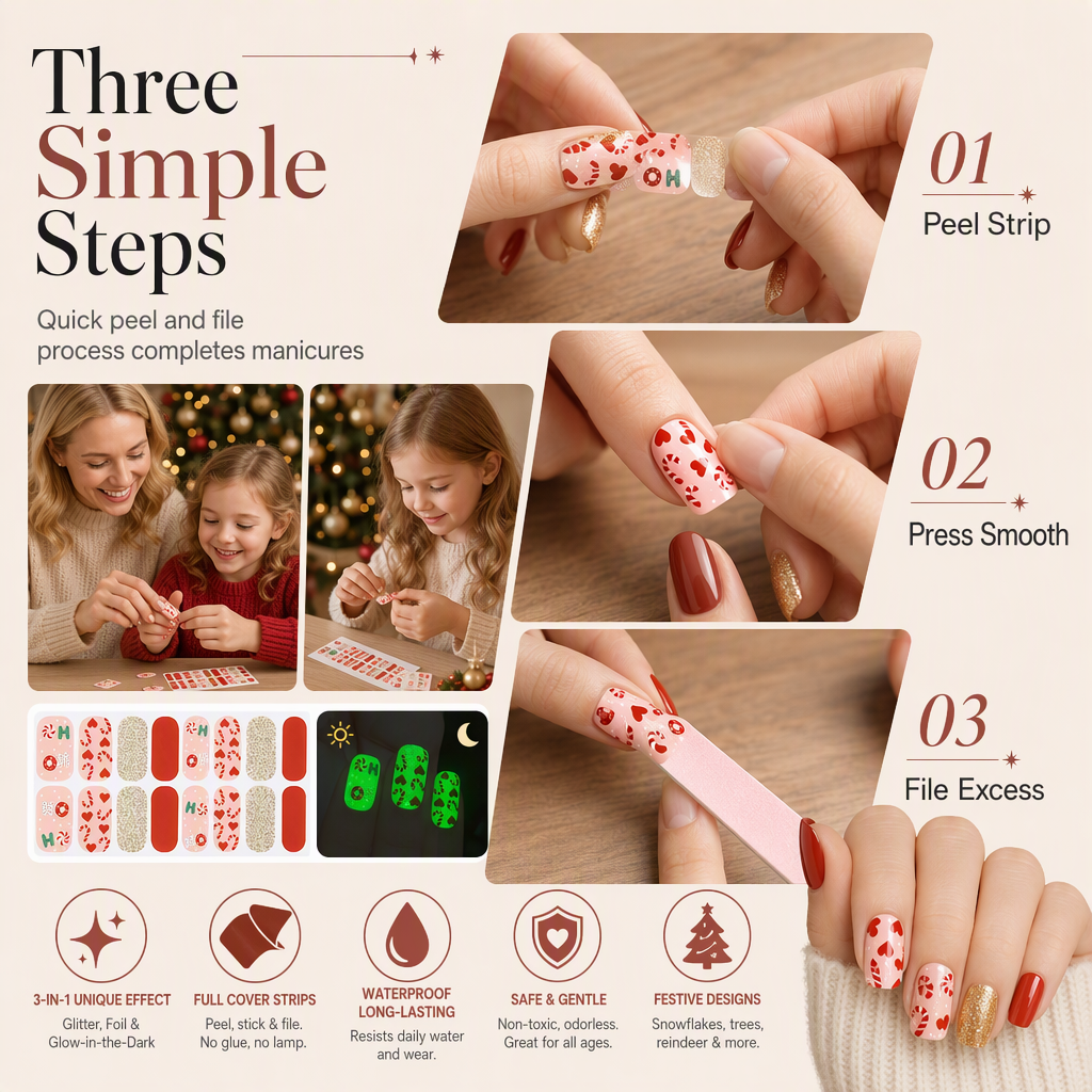 🎄 50% OFF! ✨ Christmas Glitter Nail Wraps – Waterproof, luminous & nail file included ✨