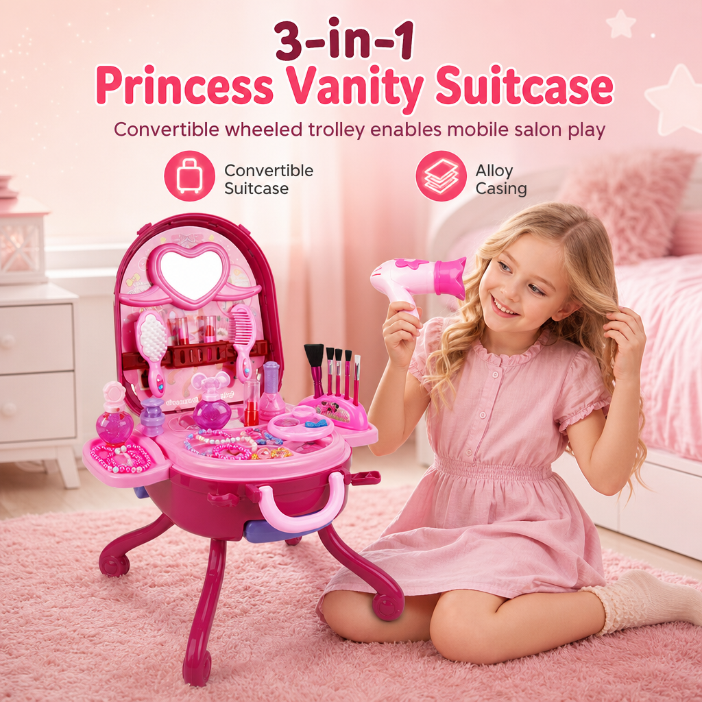 📢📢 50% OFF🎀Kids’ Pretend Makeup Vanity Suitcase – Portable Dress-Up Toy Set for Girls
