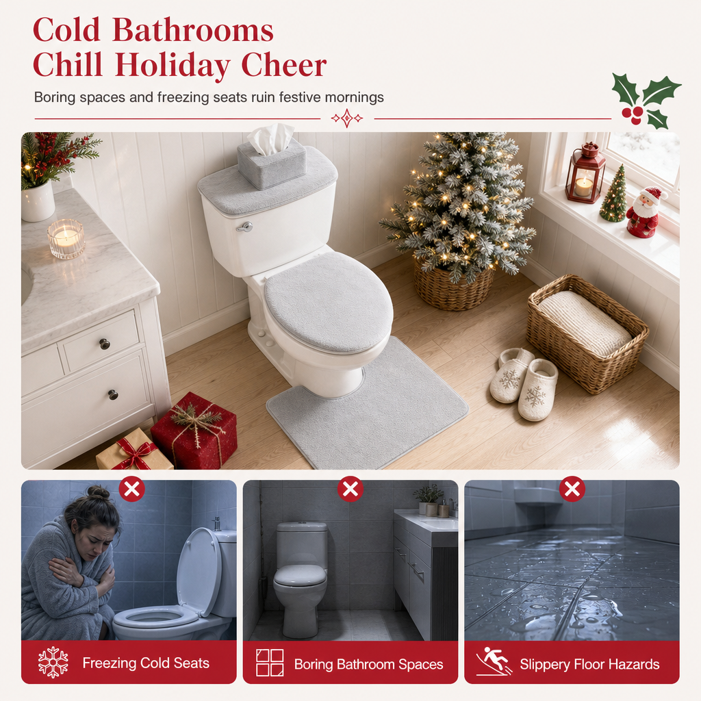 🎄50% OFF🚽Christmas Toilet Seat Cover and Rug 3-Piece Set Holiday Bathroom with Santa Claus Snowman and Reindeer