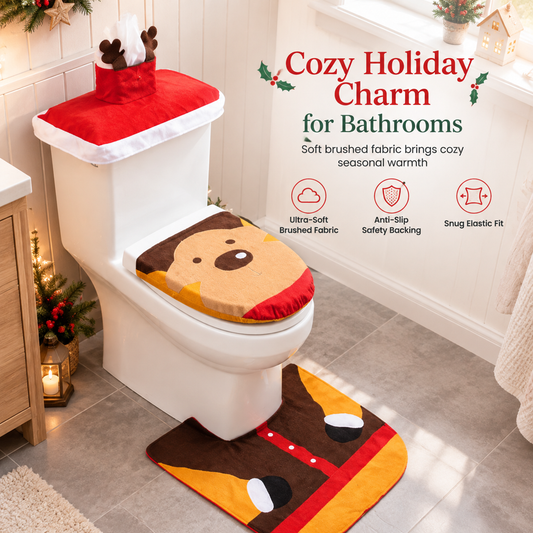 🎄50% OFF🚽Christmas Toilet Seat Cover and Rug 3-Piece Set Holiday Bathroom with Santa Claus Snowman and Reindeer