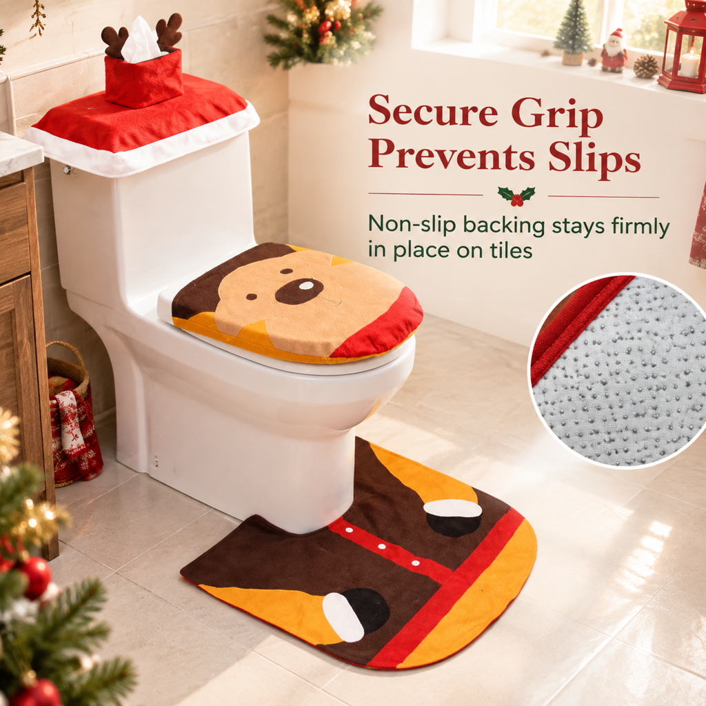 🎄50% OFF🚽Christmas Toilet Seat Cover and Rug 3-Piece Set Holiday Bathroom with Santa Claus Snowman and Reindeer