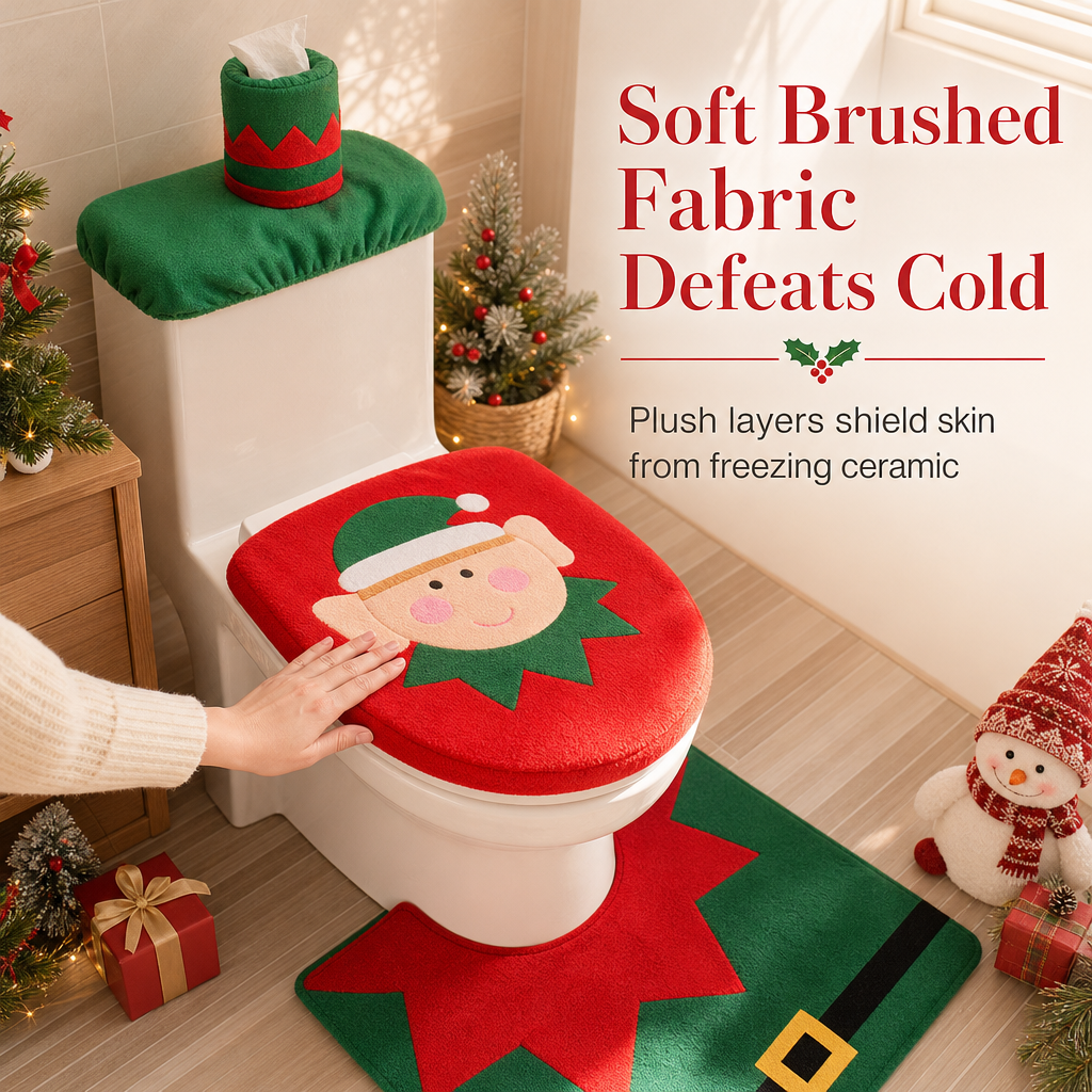 🎄50% OFF🚽Christmas Toilet Seat Cover and Rug 3-Piece Set Holiday Bathroom with Santa Claus Snowman and Reindeer