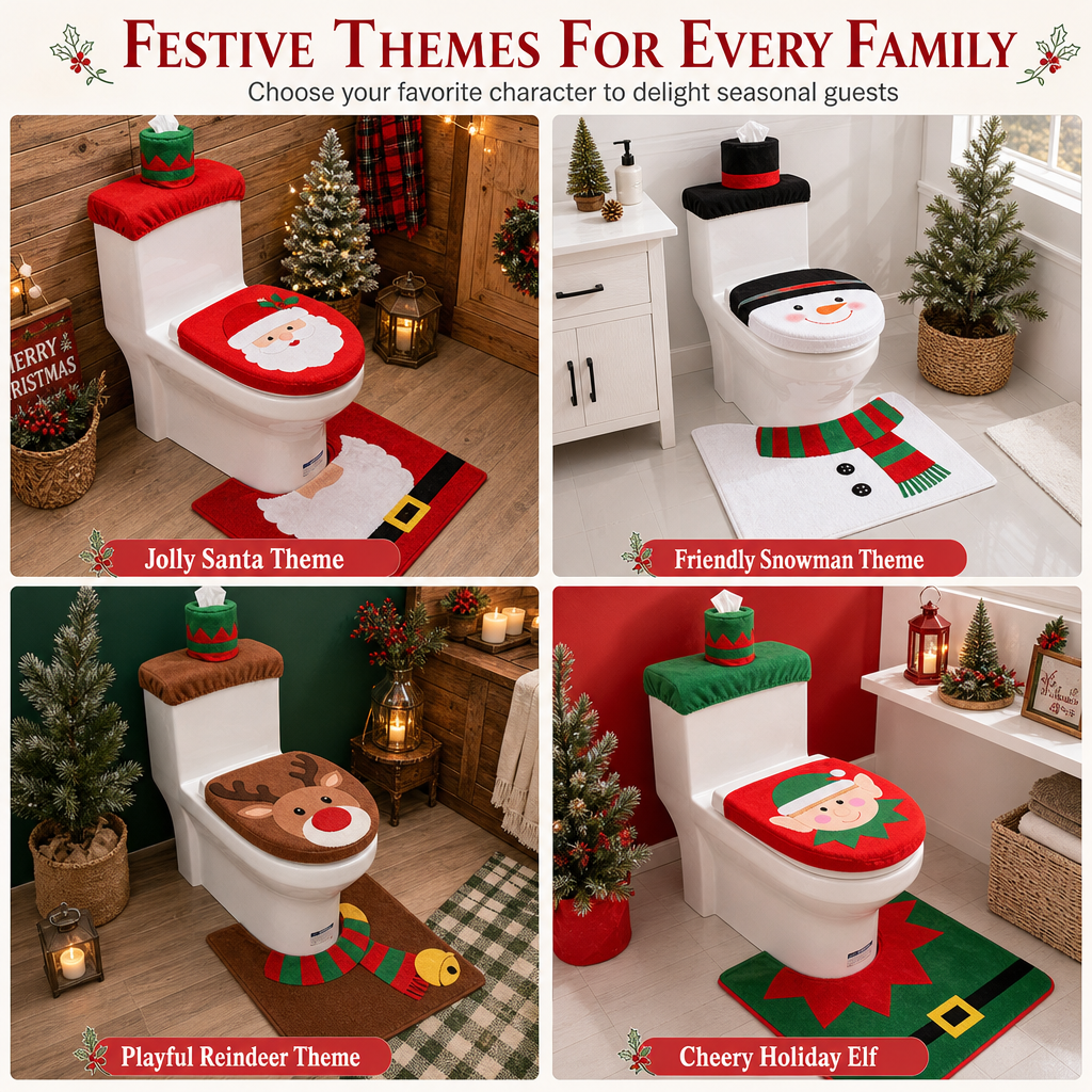 🎄50% OFF🚽Christmas Toilet Seat Cover and Rug 3-Piece Set Holiday Bathroom with Santa Claus Snowman and Reindeer