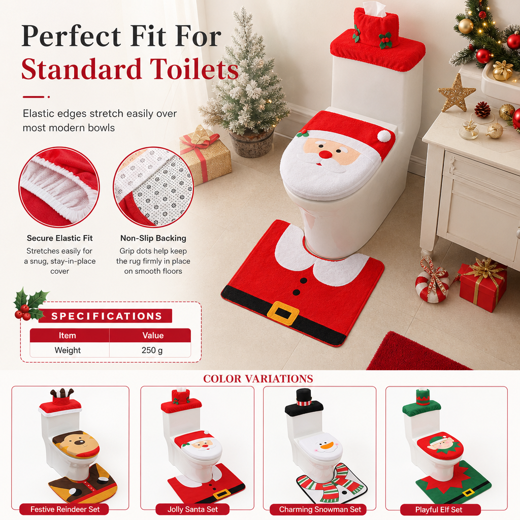 🎄50% OFF🚽Christmas Toilet Seat Cover and Rug 3-Piece Set Holiday Bathroom with Santa Claus Snowman and Reindeer
