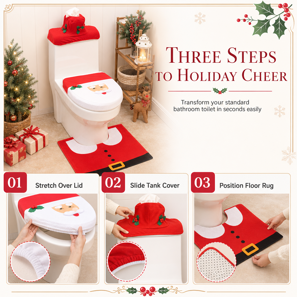 🎄50% OFF🚽Christmas Toilet Seat Cover and Rug 3-Piece Set Holiday Bathroom with Santa Claus Snowman and Reindeer