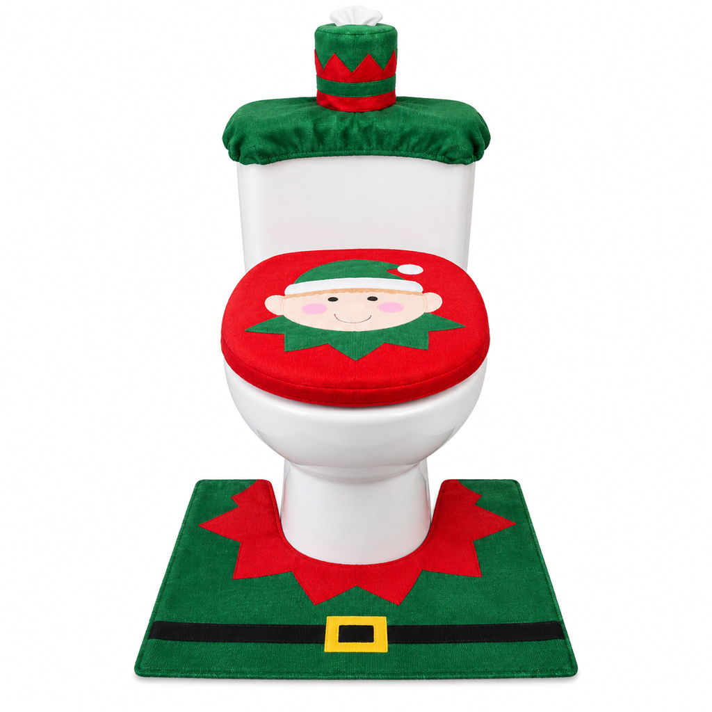 🎄50% OFF🚽Christmas Toilet Seat Cover and Rug 3-Piece Set Holiday Bathroom with Santa Claus Snowman and Reindeer