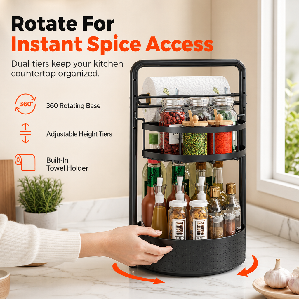 🔥50% OFF!!📢🌀 Rotating Spice Rack Organiser – 360° Spinning Condiment Holder for Kitchen Countertops ✨