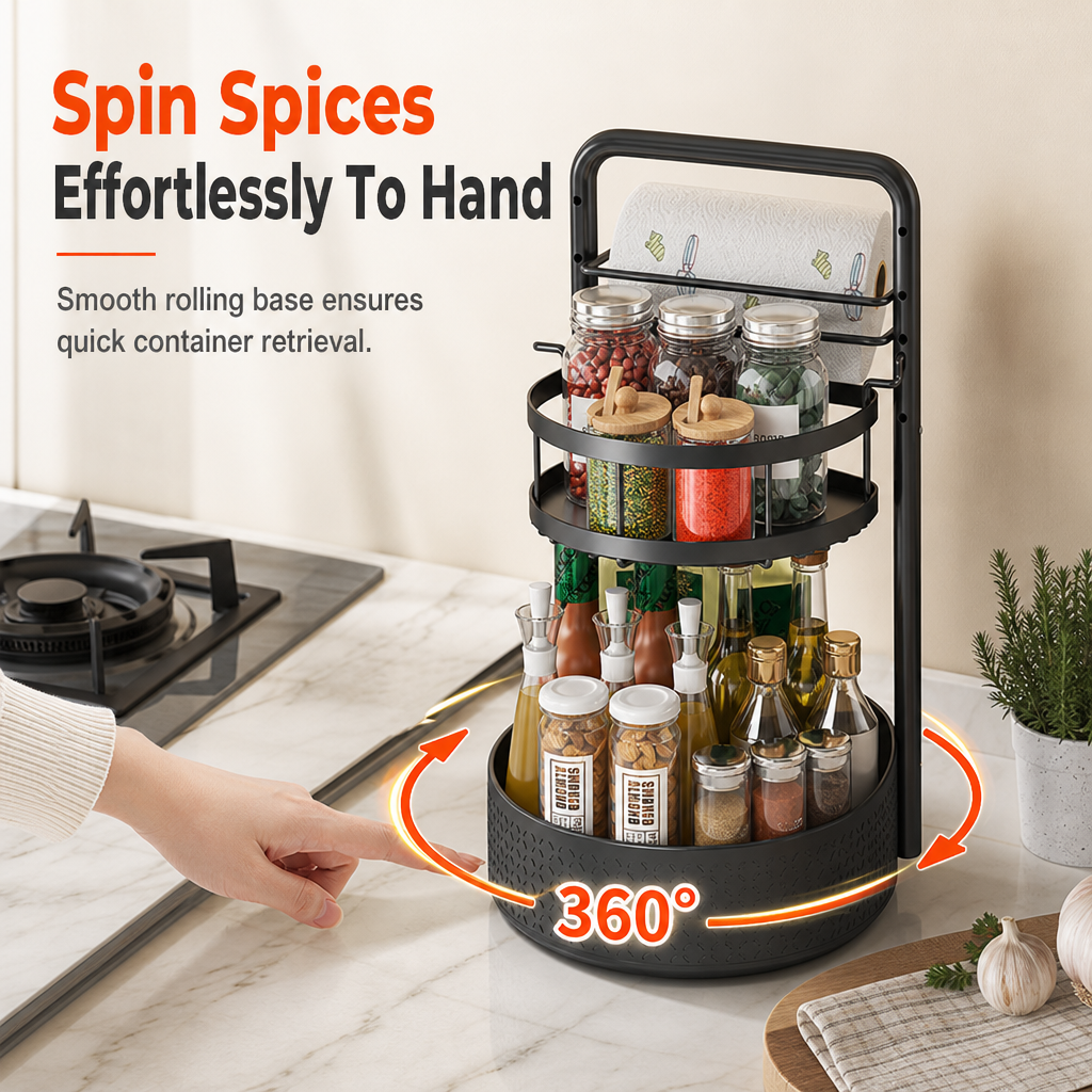 🔥50% OFF!!📢🌀 Rotating Spice Rack Organiser – 360° Spinning Condiment Holder for Kitchen Countertops ✨