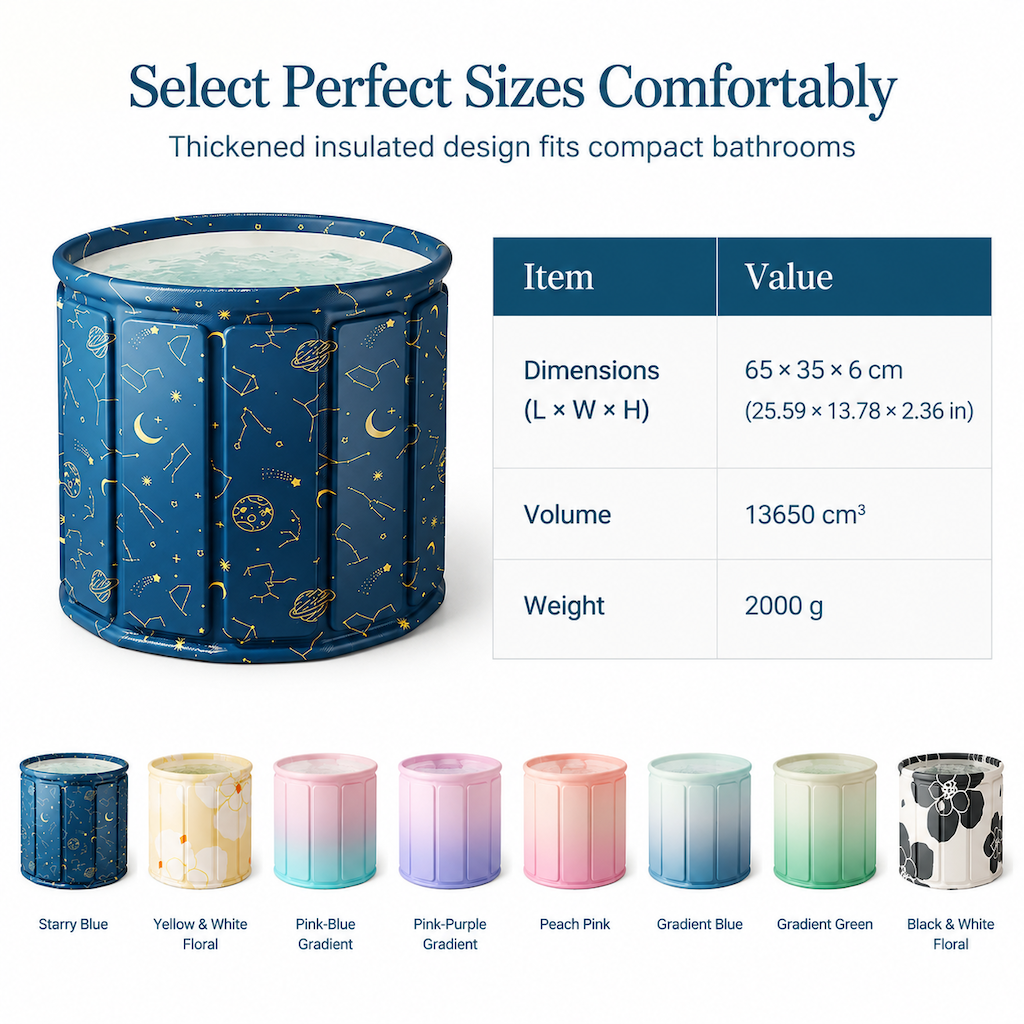 Portable Folding Bathtub for Adults Large Thickened Insulated Soaking Tub with Cushion and Drain Pipe
