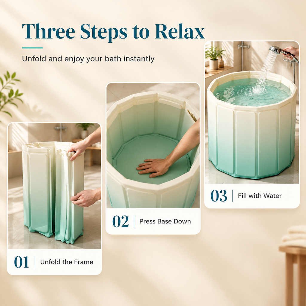 Portable Folding Bathtub for Adults Large Thickened Insulated Soaking Tub with Cushion and Drain Pipe