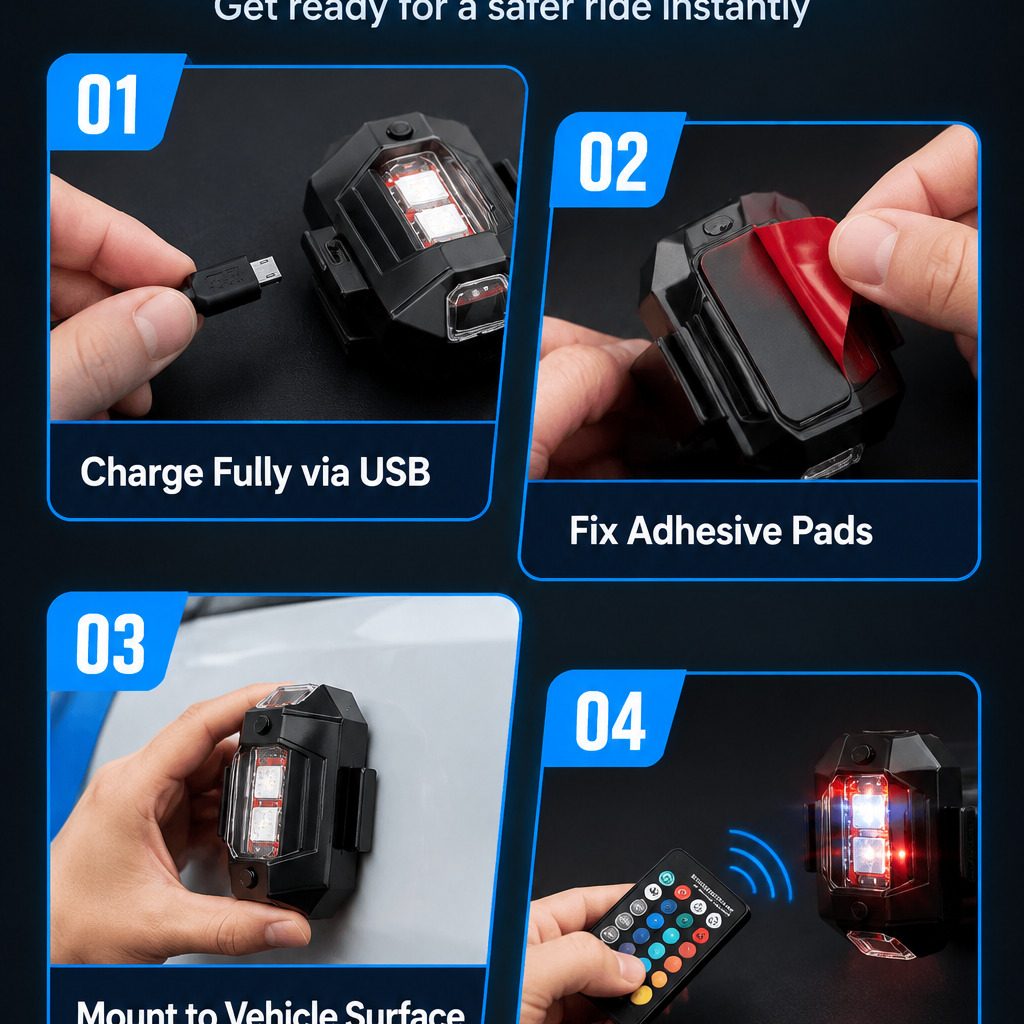 Multicolor LED Strobe Warning Light with Vibration Sensor and Remote Control for Motorcycle Drone Bicycle and Outdoor Use