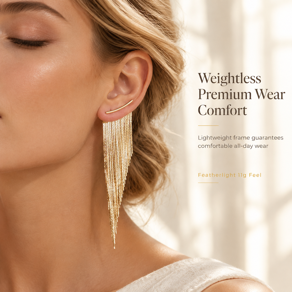 ✨ Sculpted Gold Tassel Earrings – Weightless, Bold & Pain-Free
