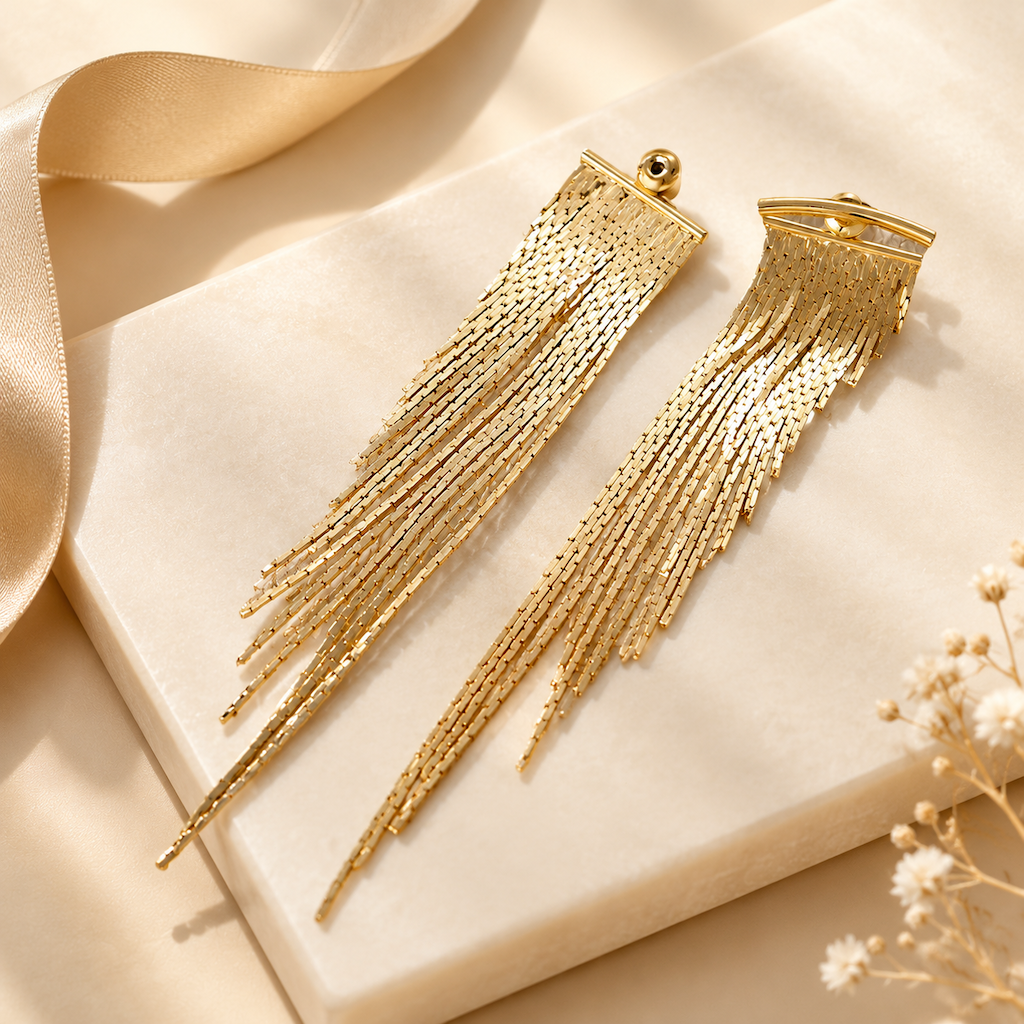 ✨ Sculpted Gold Tassel Earrings – Weightless, Bold & Pain-Free