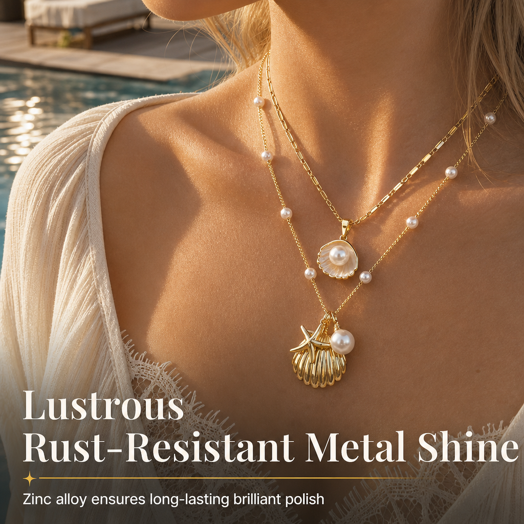 📢📢 50% OFF🐚 Layered Starfish & Shell Necklace – Pearl Accents & Coastal Charm for Beach Days and Everyday Style