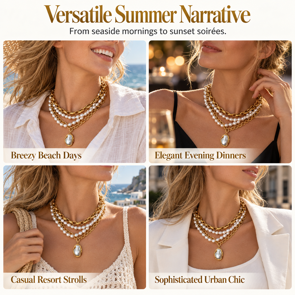 📢📢 50% OFF🐚 Layered Starfish & Shell Necklace – Pearl Accents & Coastal Charm for Beach Days and Everyday Style