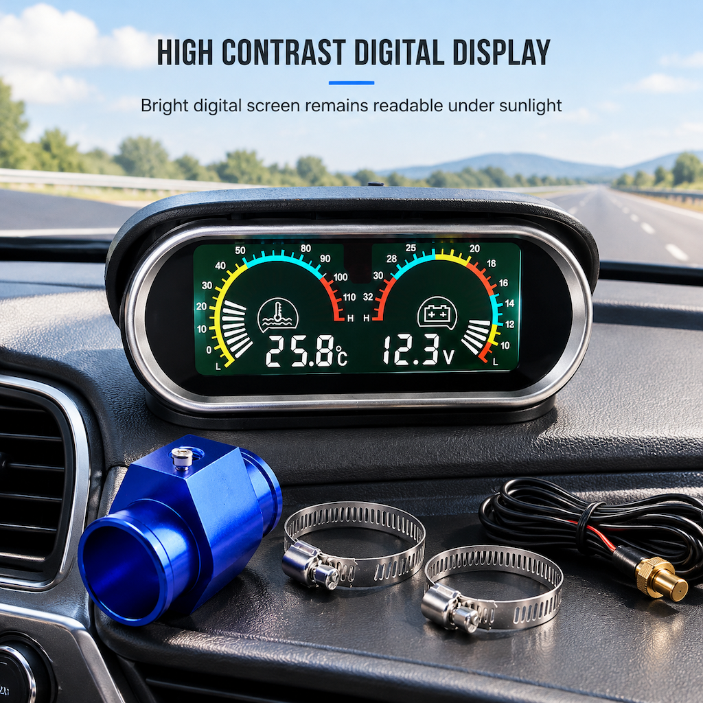⚡️Universal 12V 24V Horizontal LCD Electronic Water Temperature and Voltage Gauge Set with 32mm Tee Joint Adapter