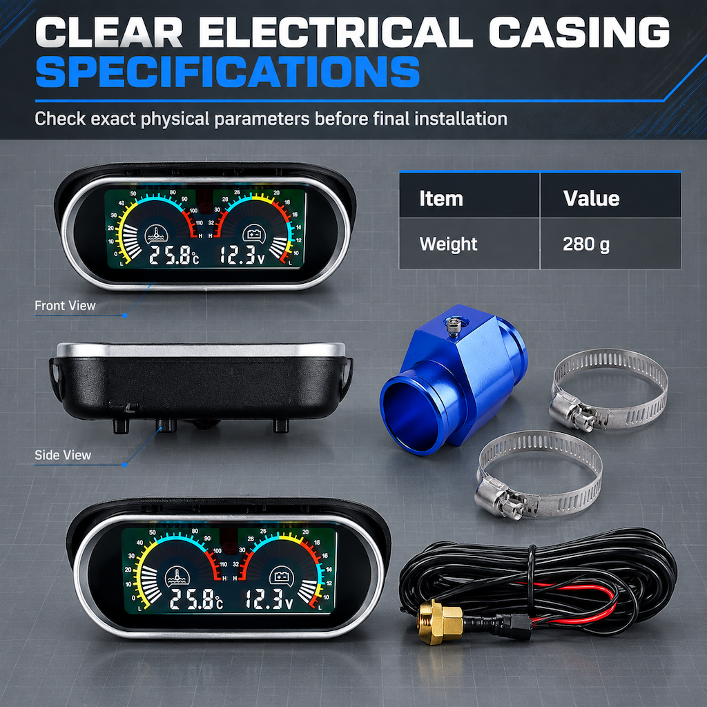 ⚡️Universal 12V 24V Horizontal LCD Electronic Water Temperature and Voltage Gauge Set with 32mm Tee Joint Adapter